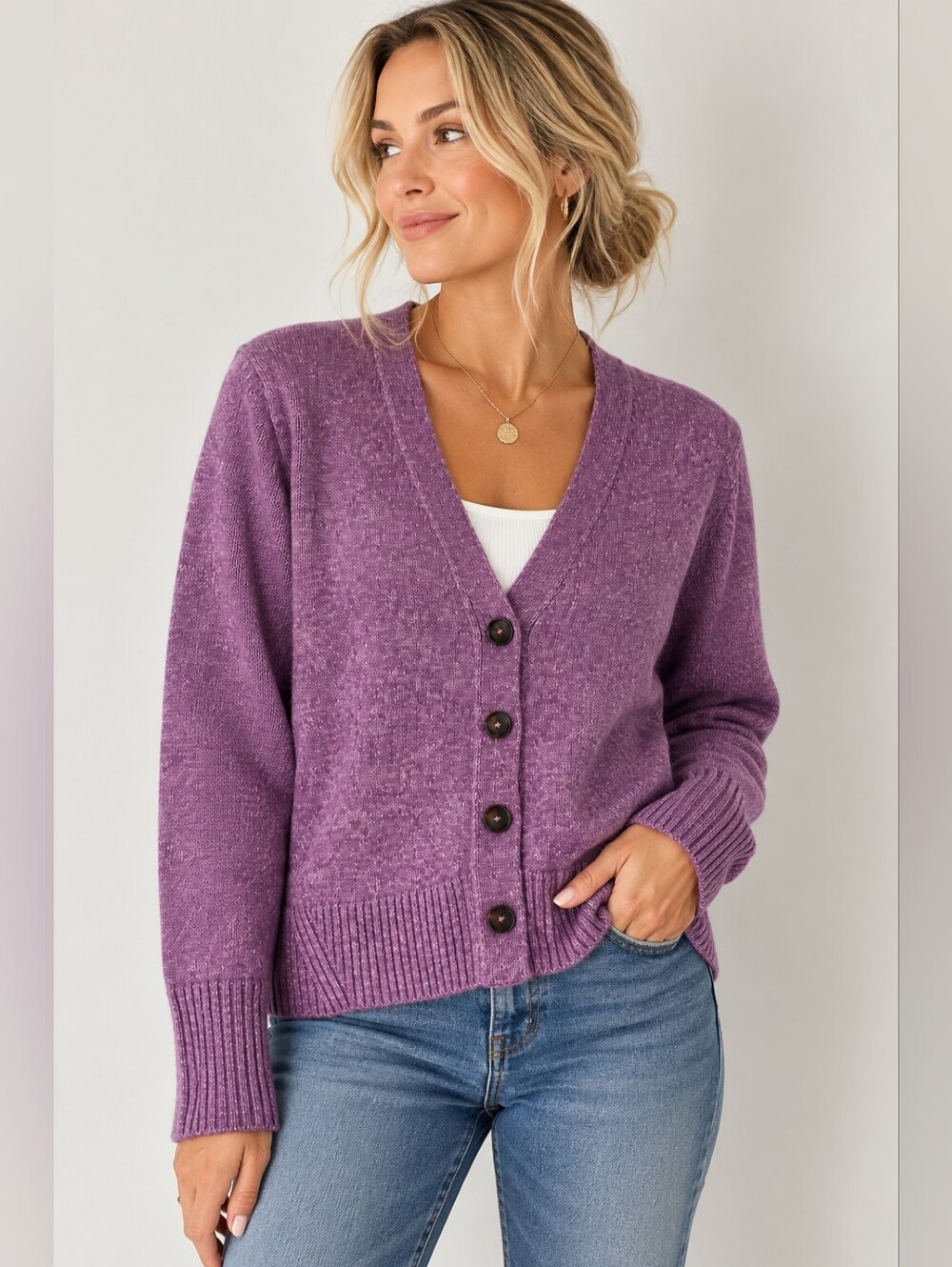 J.JILL PURPLE MARLED V-NECK BUTTON FRONT CARDIGAN SWEATER PETITE L